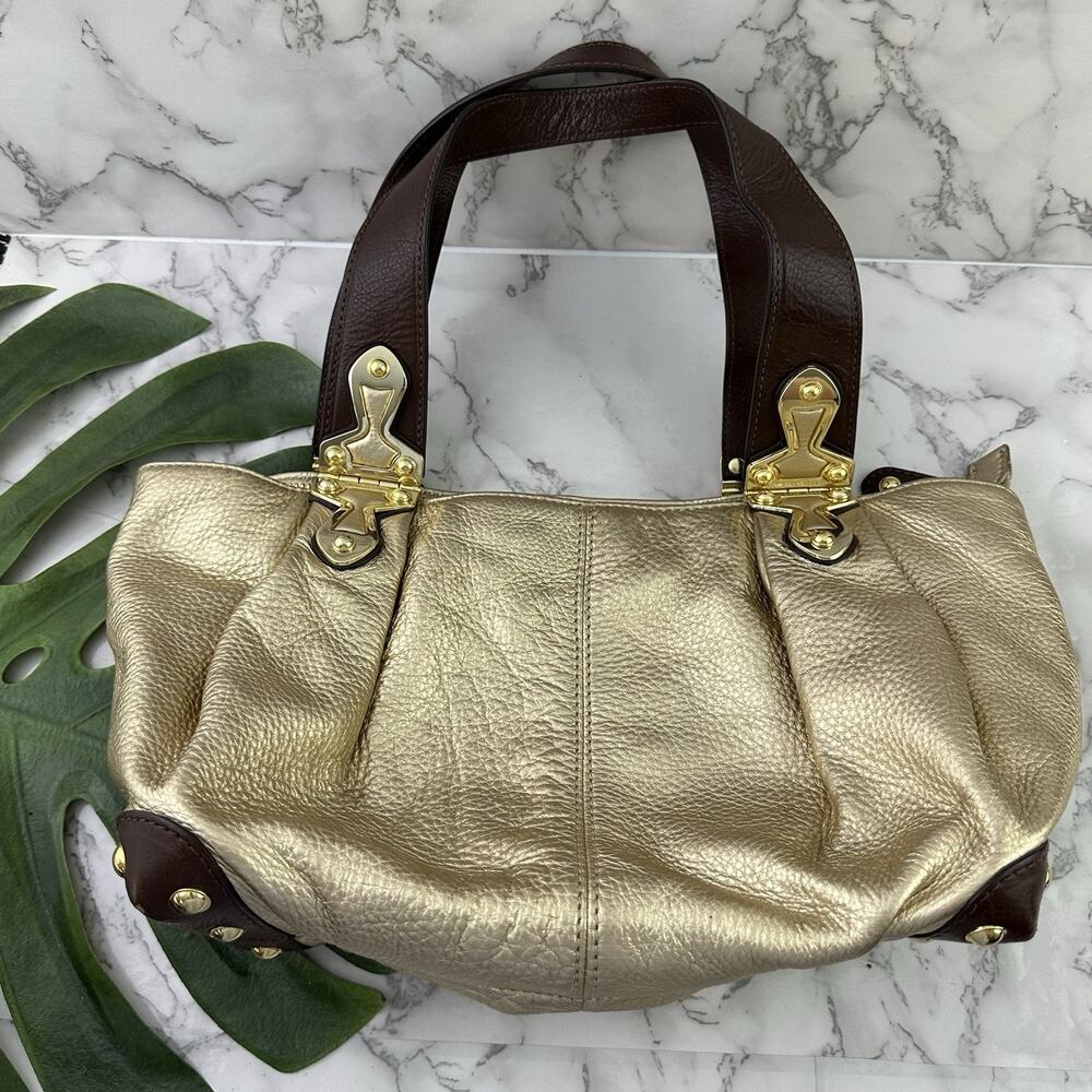 Michael Kors Shoulder Bag Purse Gold Brown Pebble Leather Chunky Studs 2010s